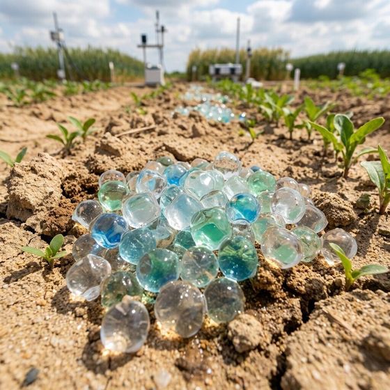 Biodegradable hydrogel granules on soil beside young seedlings