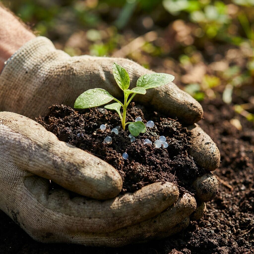 Seedling growing in healthy soil, representing Vasudhara's water-retention benefits